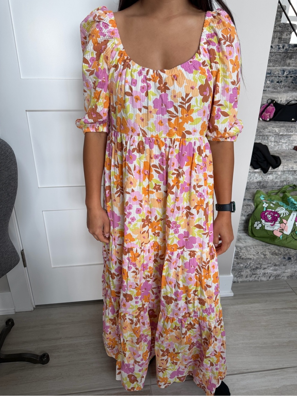 Billabong Floral Puff-Sleeve Tiered Maxi Dress in Pink & Orange Size Small